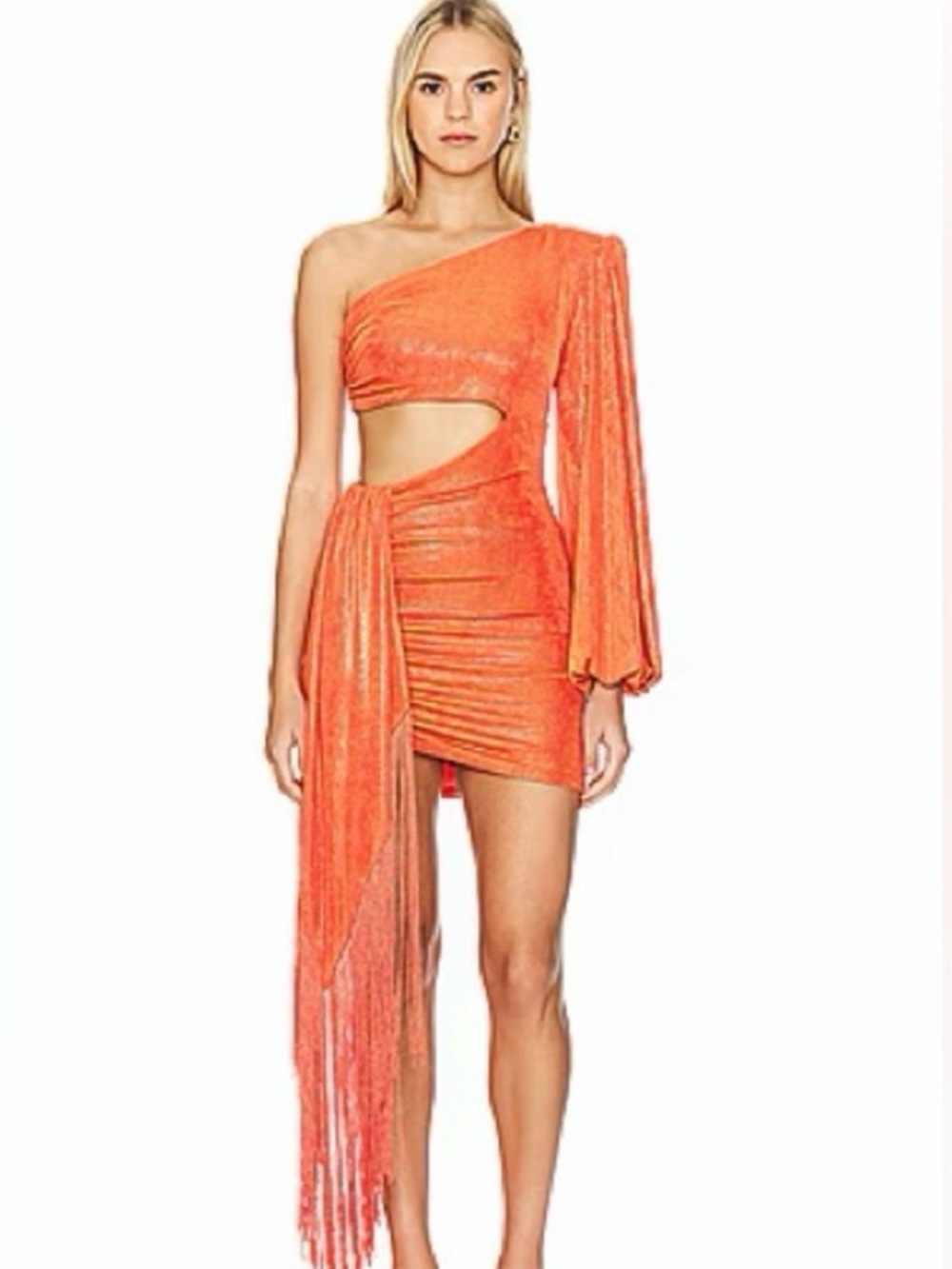 NADINE MERABI Nikki One-Shoulder Orange Cutout Mini with Fringe